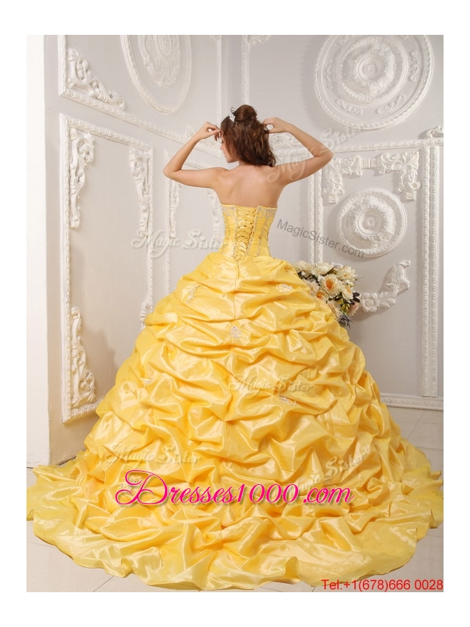 Perfect Pick Ups and Appliques Quinceanera Gowns with Court Train