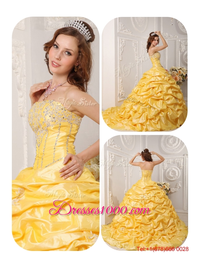 Perfect Pick Ups and Appliques Quinceanera Gowns with Court Train