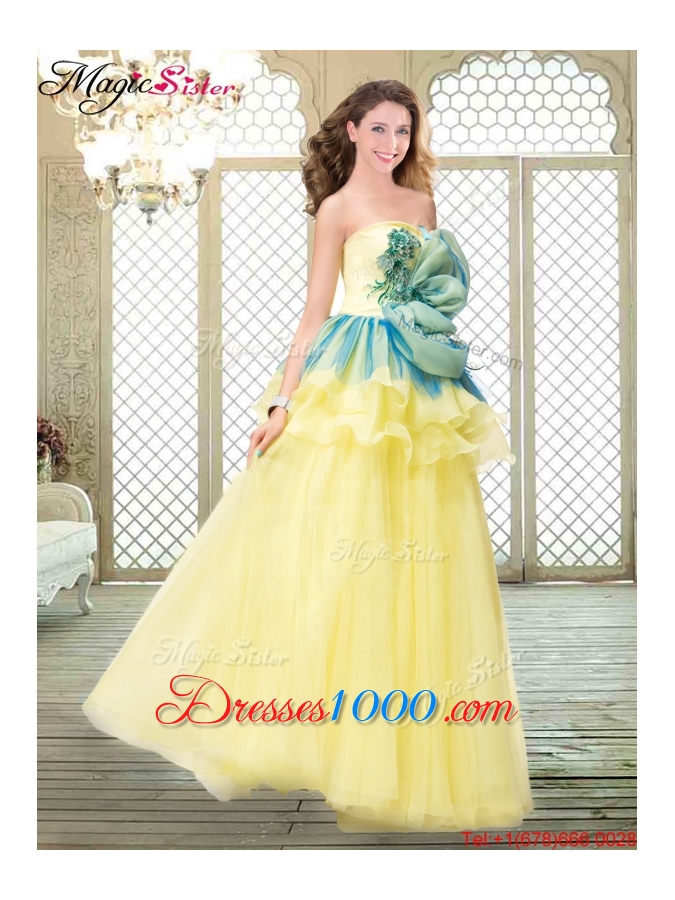 2016 A Line Strapless Prom Dresses with Bowknot and Ruffles