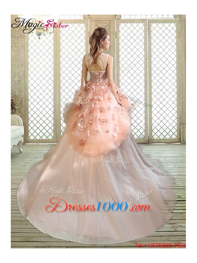 2016 Beautiful Scoop Court Train Quinceanera Dresses with Hand Made Flowers