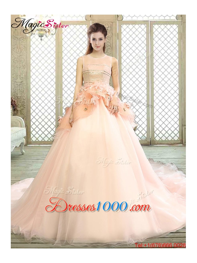 2016 Beautiful Scoop Court Train Quinceanera Dresses with Hand Made Flowers