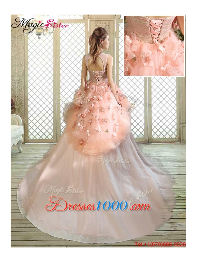 2016 Beautiful Scoop Court Train Quinceanera Dresses with Hand Made Flowers