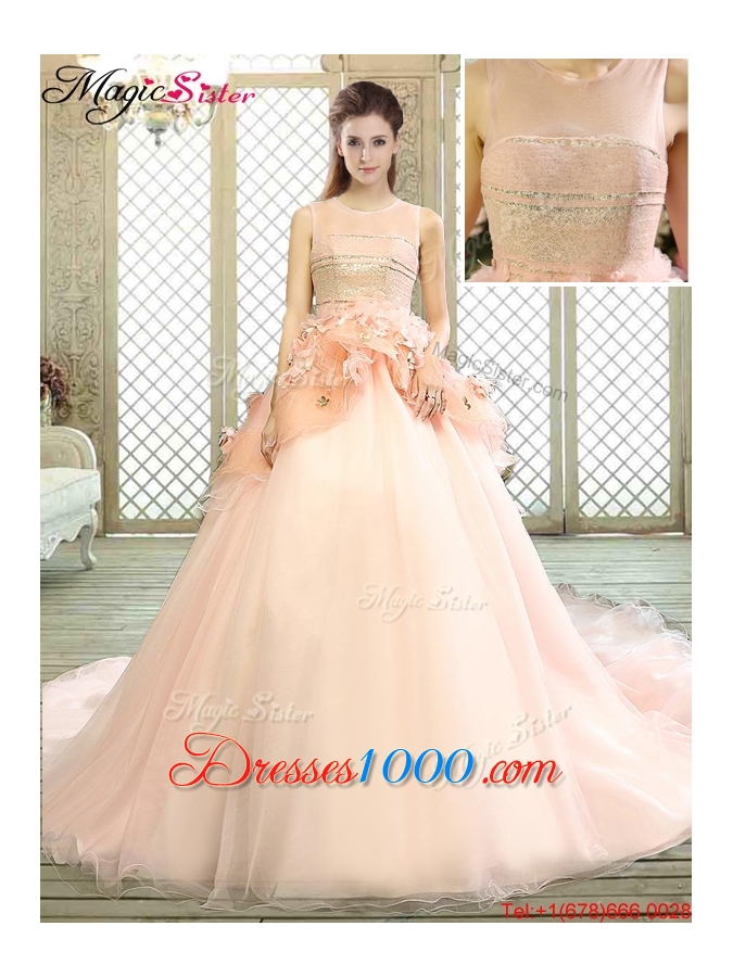 2016 Beautiful Scoop Court Train Quinceanera Dresses with Hand Made Flowers