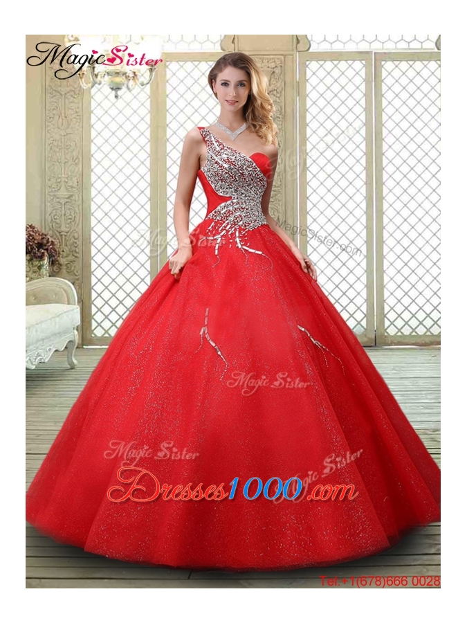 2016 Classical One Shoulder Quinceanera Dresses with Beading in Red