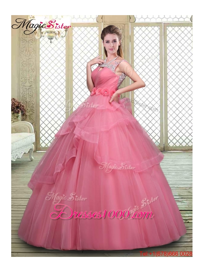 2016 Elegant Backless Quinceanera Dresses with Beading and Hand Made Flowers