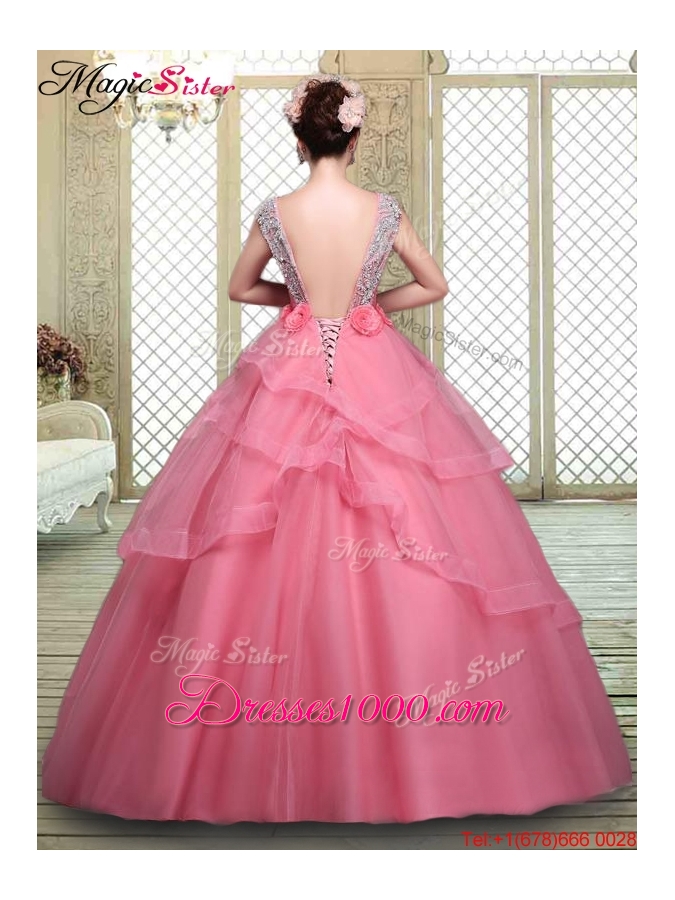 2016 Elegant Backless Quinceanera Dresses with Beading and Hand Made Flowers