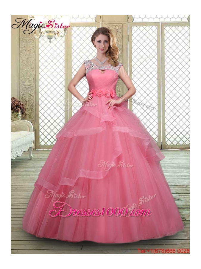 2016 Elegant Backless Quinceanera Dresses with Beading and Hand Made Flowers