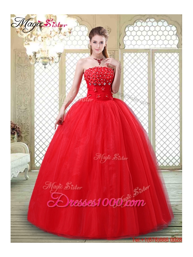 2016 Inexpensive Strapless Prom Dresses with Hand Made Flowers
