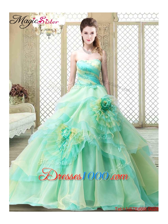 2016 New Strapless Brush Train Quinceanera Dresses with Hand Made Flowers 2016