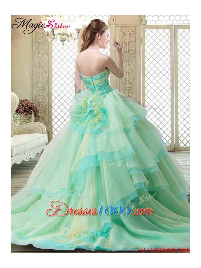 2016 New Strapless Brush Train Quinceanera Dresses with Hand Made Flowers 2016