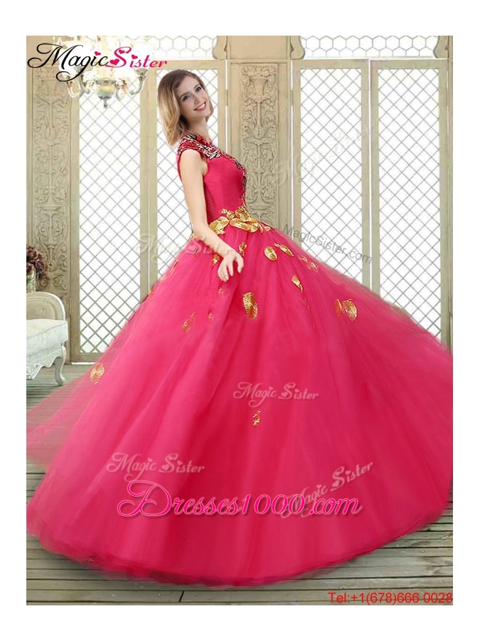 Beautiful High Neck Cap Sleeves Quinceanera Dresses with Appliques