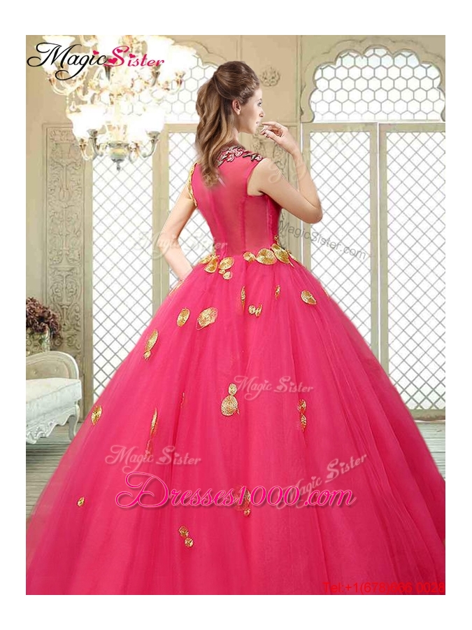 Beautiful High Neck Cap Sleeves Quinceanera Dresses with Appliques