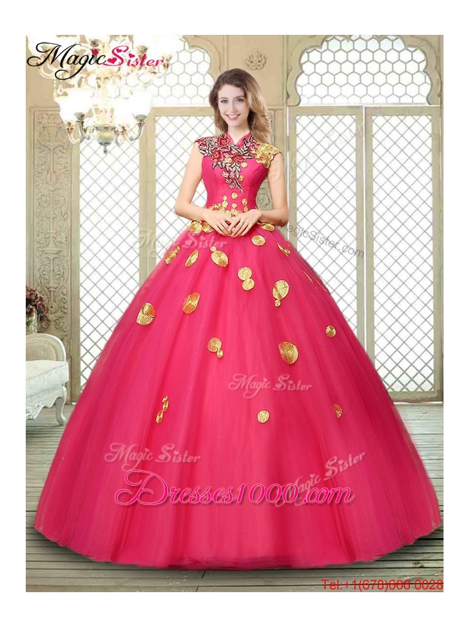 Beautiful High Neck Cap Sleeves Quinceanera Dresses with Appliques
