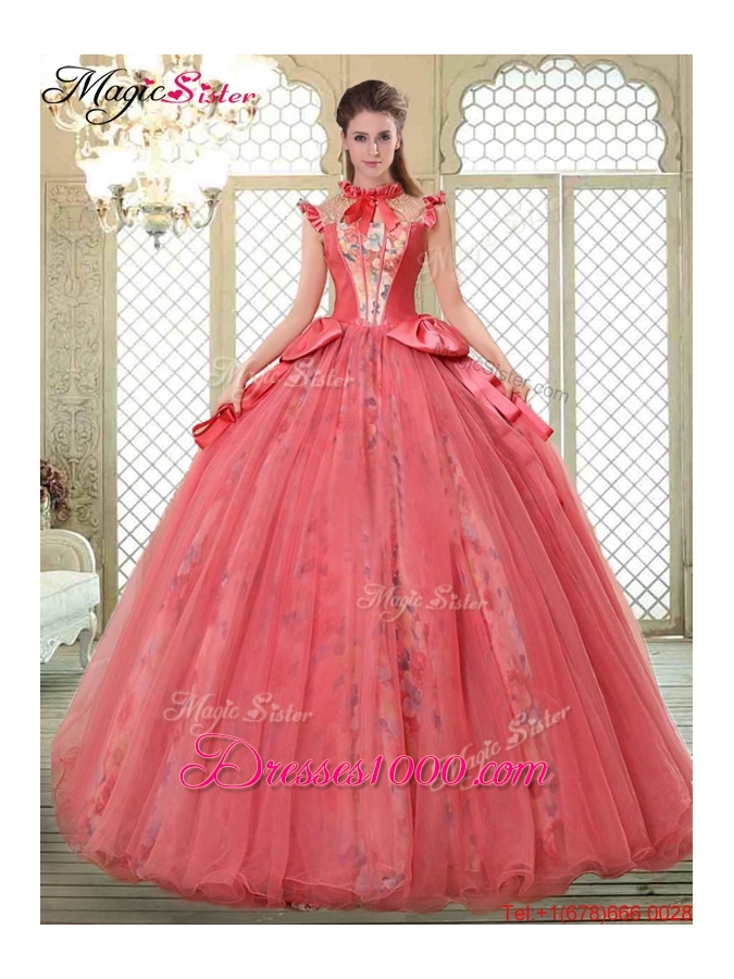 Classical High Neck Cap Sleeves Quinceanera Gowns with Bowknot