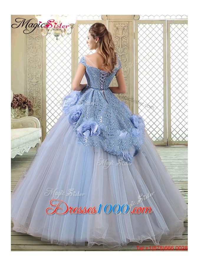 Luxurious Bateau Lavender Quinceanera Gowns with Hand Made Flowers