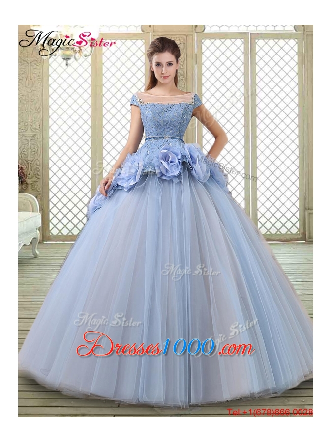 Luxurious Bateau Lavender Quinceanera Gowns with Hand Made Flowers
