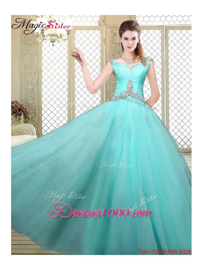 Luxurious Straps Beading Sweet 16 Dresses in Aqua Blue