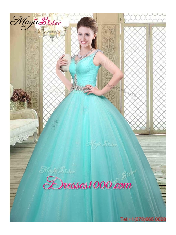 Luxurious Straps Beading Sweet 16 Dresses in Aqua Blue