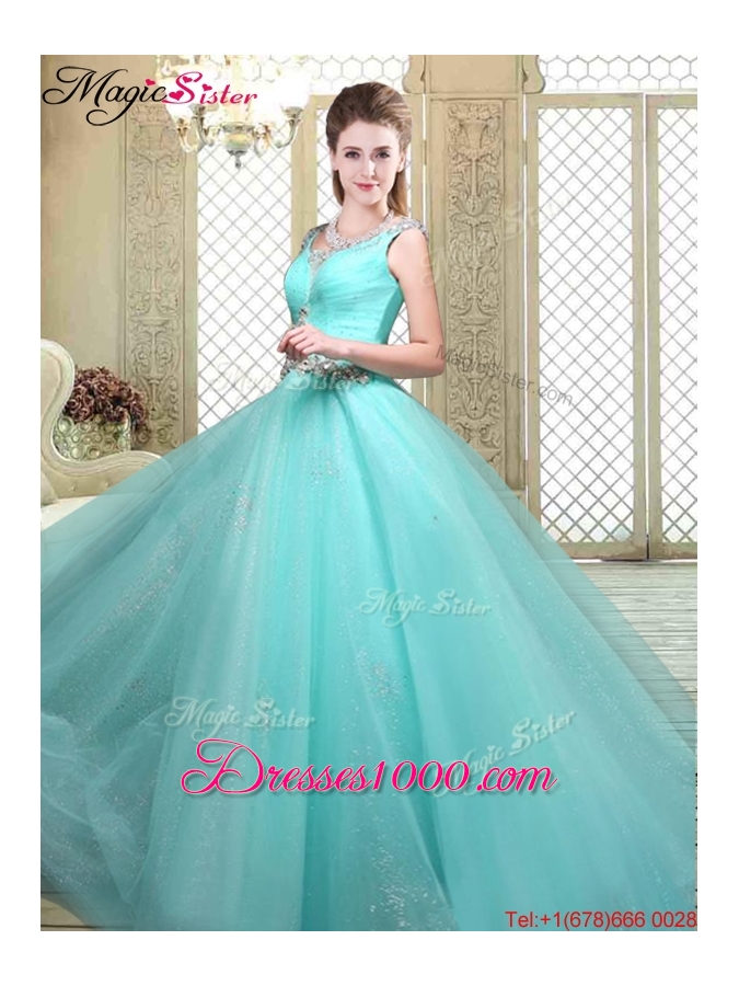 Luxurious Straps Beading Sweet 16 Dresses in Aqua Blue