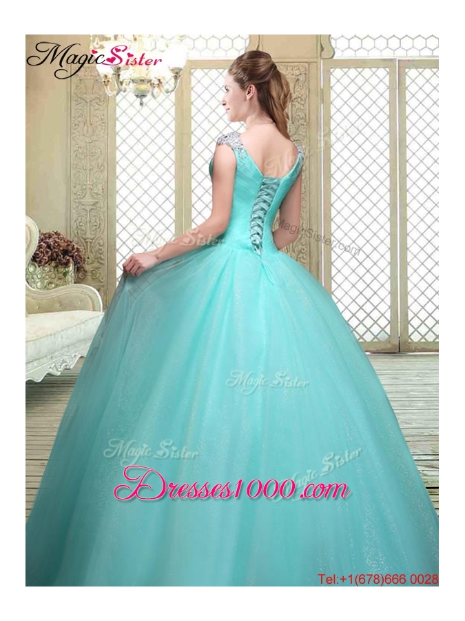 Luxurious Straps Beading Sweet 16 Dresses in Aqua Blue