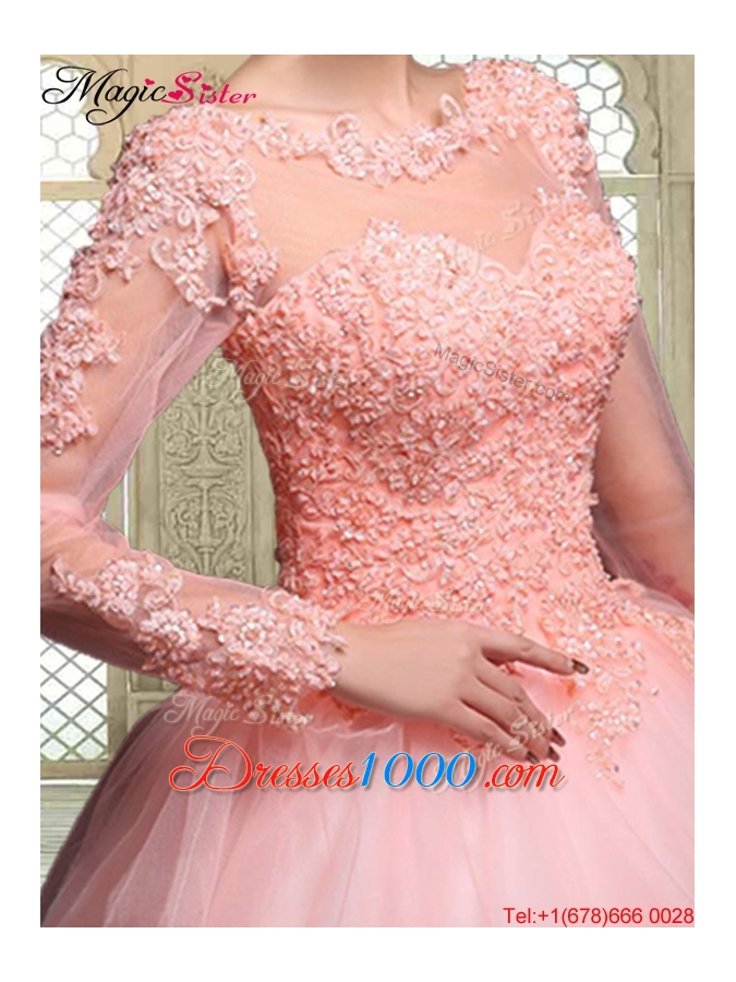 Pretty Bateau Long Sleeves Beading and Discount Quinceanera Dresses