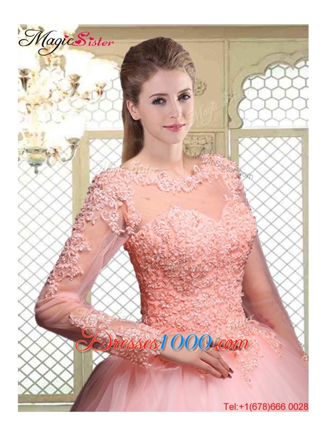 Pretty Bateau Long Sleeves Beading and Discount Quinceanera Dresses