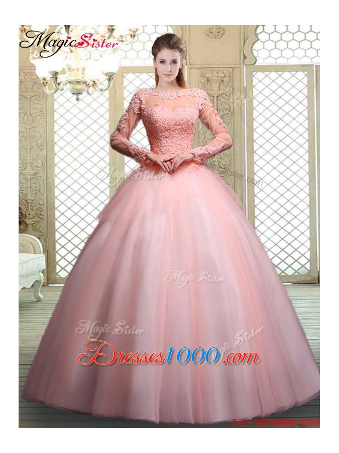 Pretty Bateau Long Sleeves Beading and Discount Quinceanera Dresses
