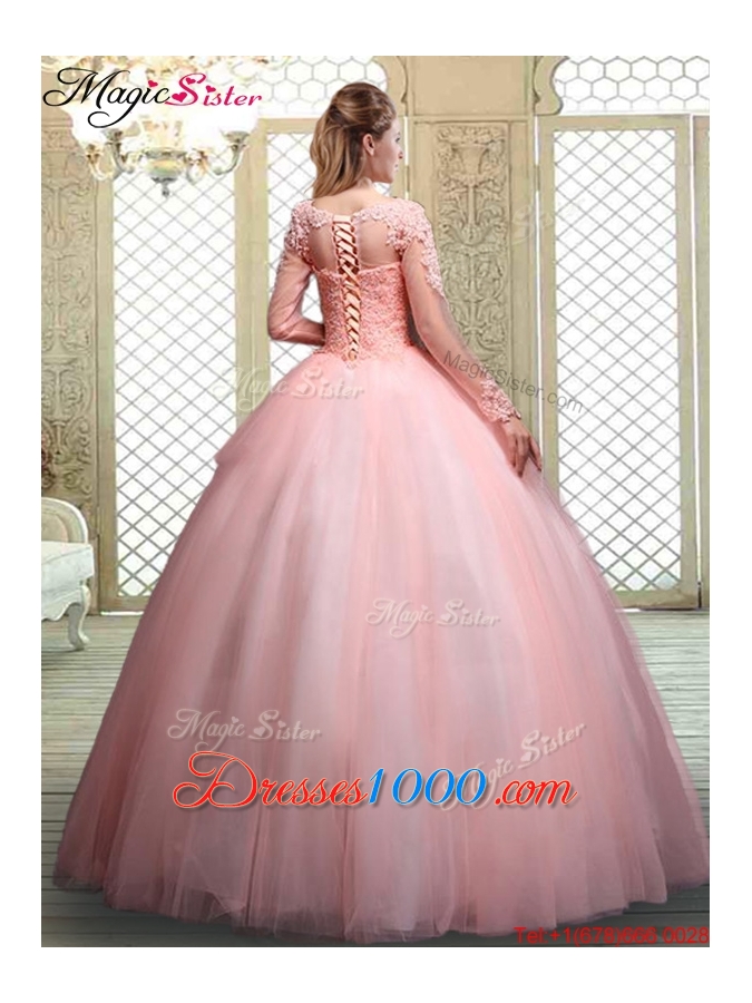 Pretty Bateau Long Sleeves Beading and Discount Quinceanera Dresses