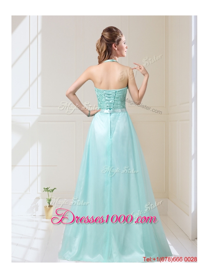 Elegant Empire Halter Top Laced Mint Prom Dresses with Sash
