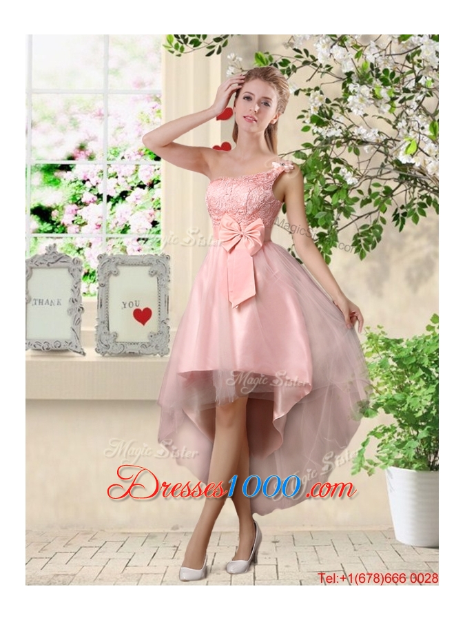 Affordable A Line One Shoulder Appliques Bridesmaid Dresses in Pink