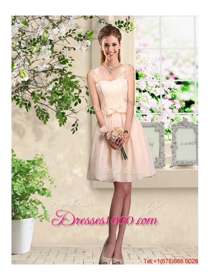 Suitable V Neck Appliques Prom Dresses in Champagne