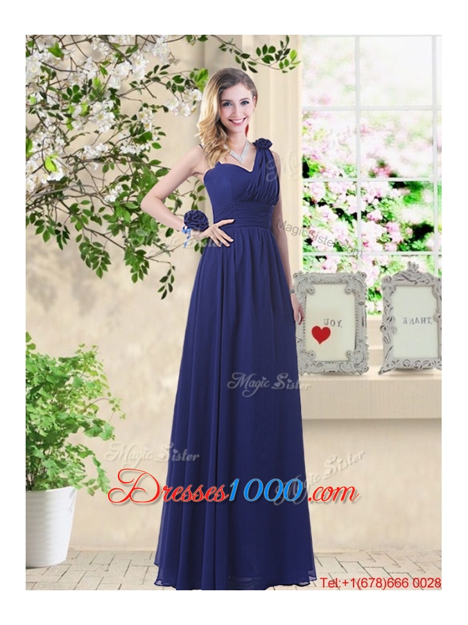 Wonderful Ruched Navy Blue Prom Dresses with V Neck