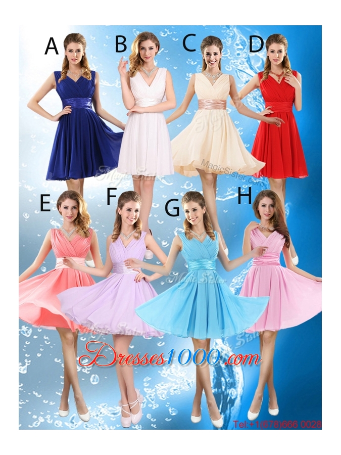 Pretty Mini Length Belt Chiffon Prom Dresses with V Neck