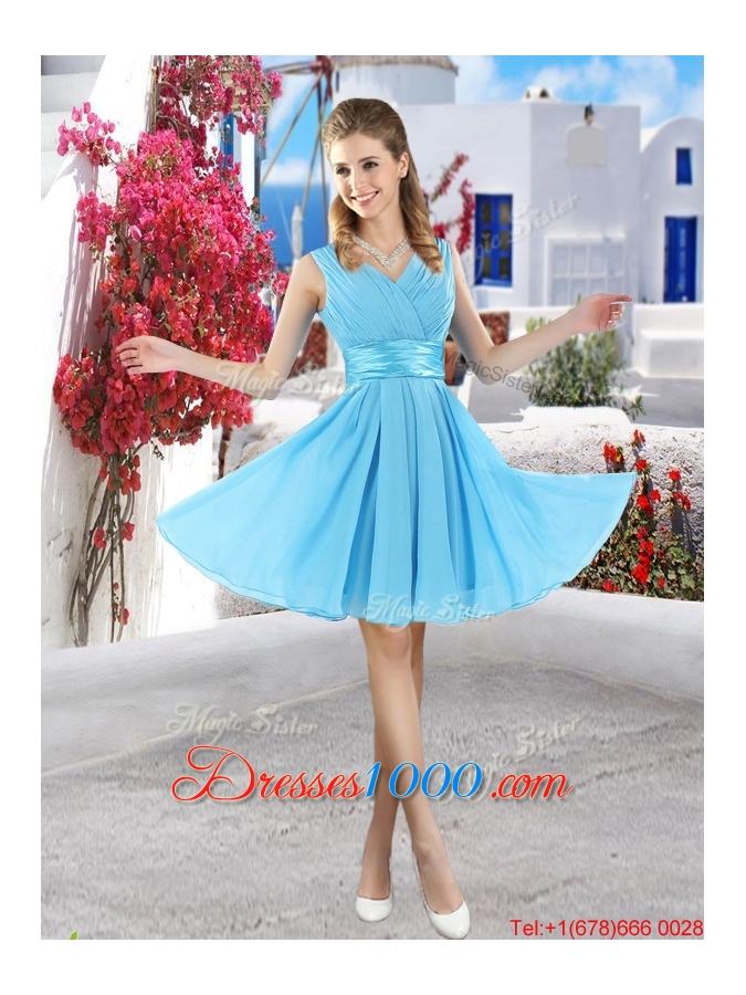 Pretty Mini Length Belt Chiffon Prom Dresses with V Neck