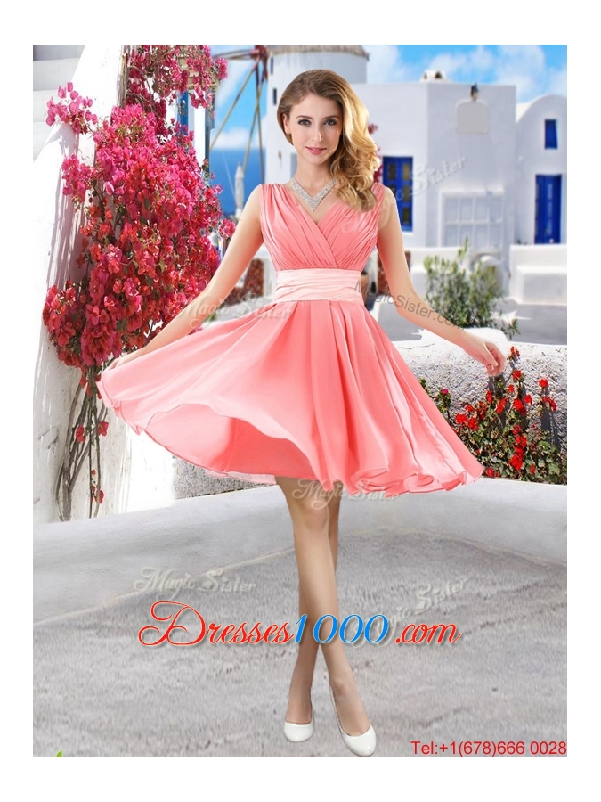 Pretty Mini Length Belt Chiffon Prom Dresses with V Neck