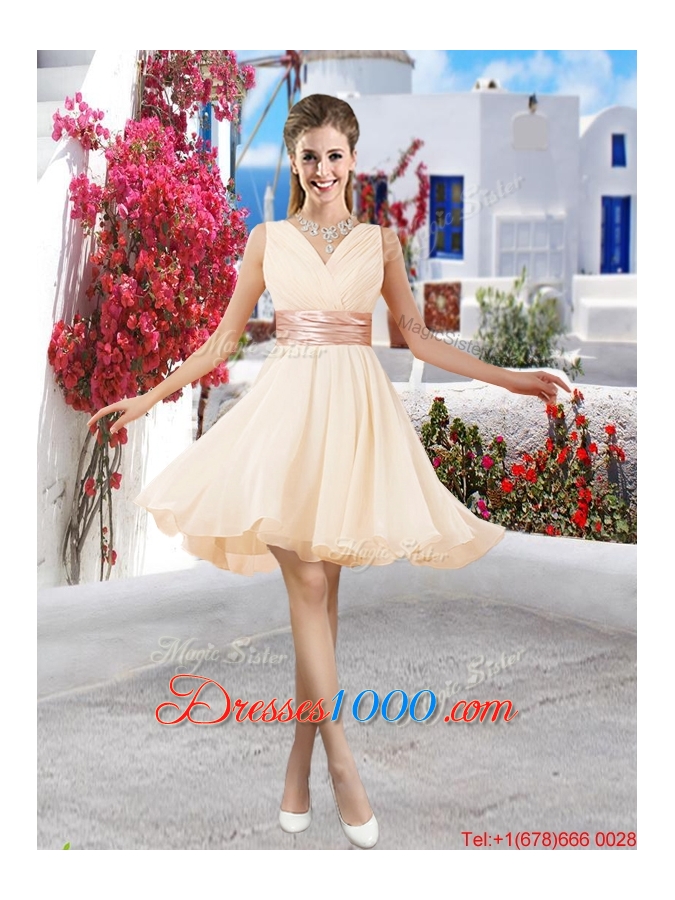 Pretty Mini Length Belt Chiffon Prom Dresses with V Neck