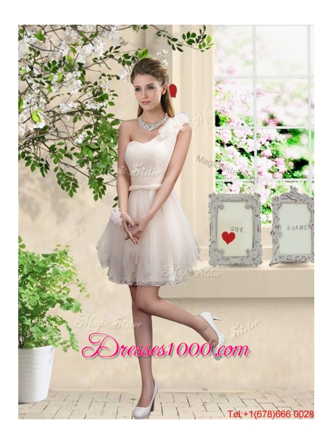 Classical Belt One Shoulder Prom Dresses in Champagne