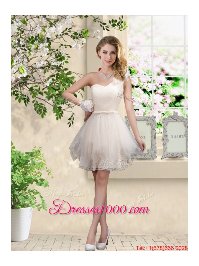 Classical Belt One Shoulder Prom Dresses in Champagne