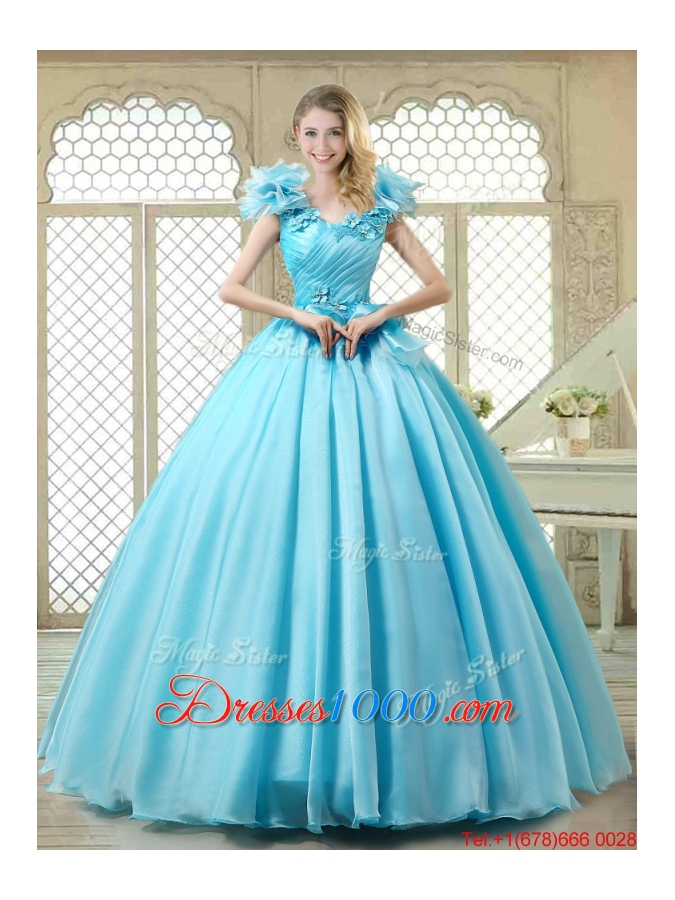 Cheap Aqua Blue Quinceanera Gowns with Appliques and Ruffles