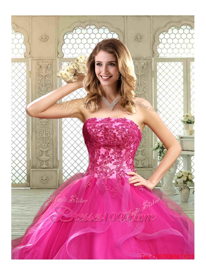 Classical Strapless Fuchsia Sweet 16 Dresses with Appliques