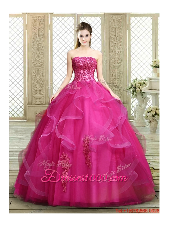 Classical Strapless Fuchsia Sweet 16 Dresses with Appliques