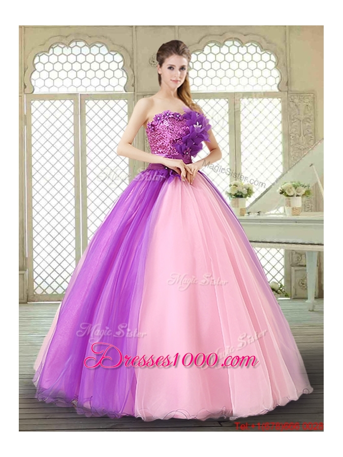 Elegant Hand Made Flowers Sweetheart Quinceanera Dresses in Multi Color