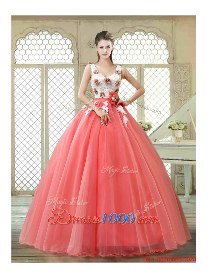 Elegant Watermelon Quinceanera Dresses with Hand Made Flowers