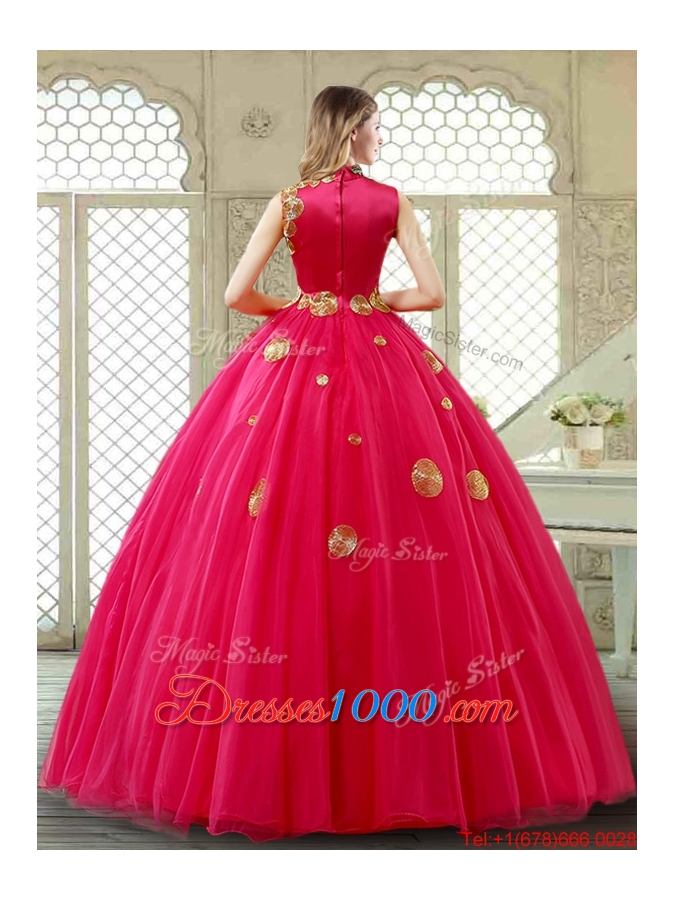 Exclusive High Neck Quinceanera Gowns in Coral Red