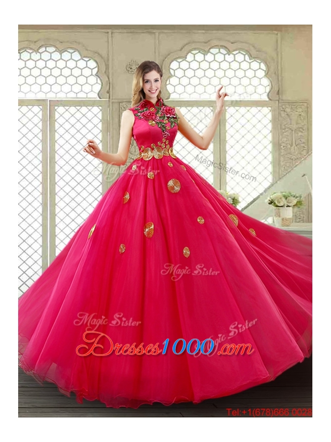 Exclusive High Neck Quinceanera Gowns in Coral Red