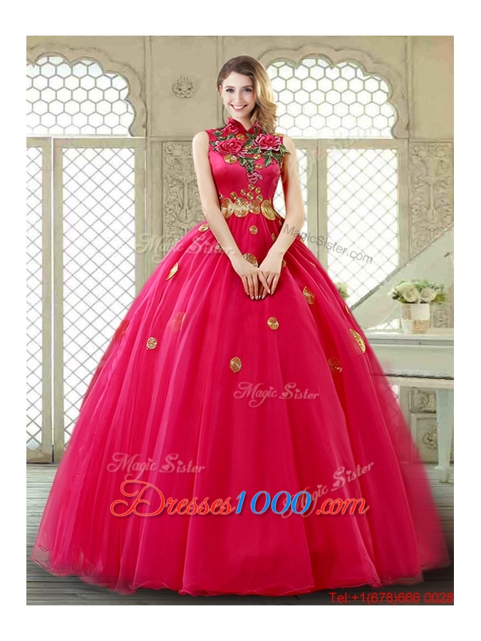 Exclusive High Neck Quinceanera Gowns in Coral Red