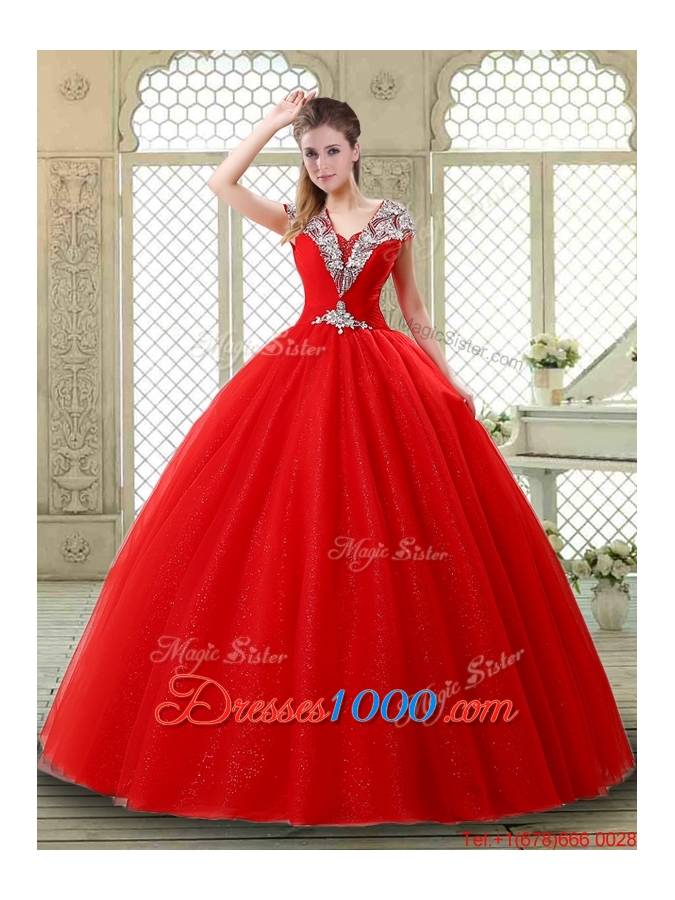 Exquisite Ball Gown Beading Sweet 16 Dresses with V Neck
