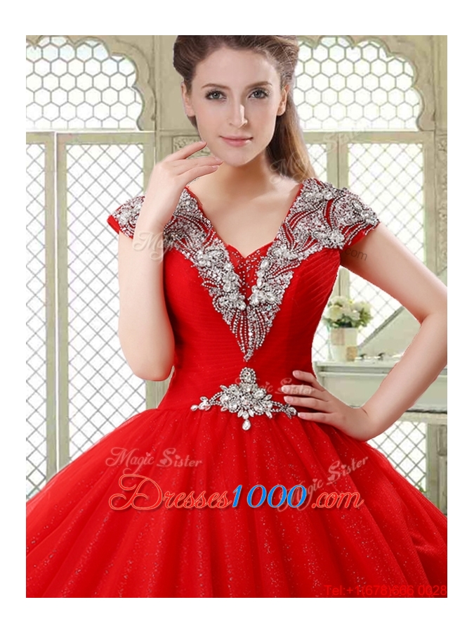 Exquisite Ball Gown Beading Sweet 16 Dresses with V Neck
