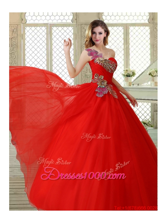 Hot Sale Appliques and Beading Sweet 16 Dresses with One Shoulder