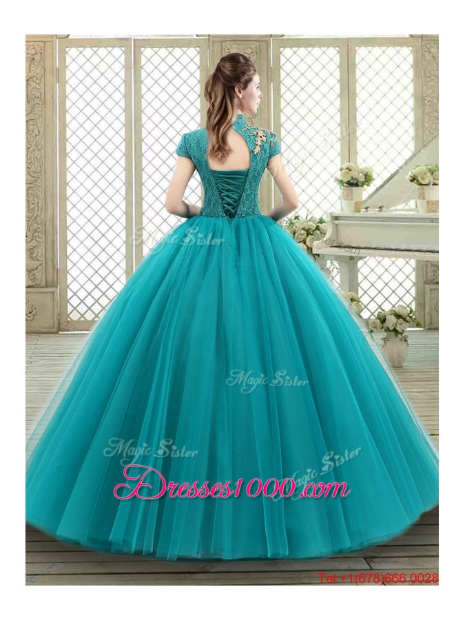 Luxurious High Neck Appliques Sweet 16 Dresses with Short Sleeves